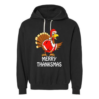 Funny Merry Thanksmas Turkey Happy Thanksgiving Christmas Garment-Dyed Fleece Hoodie