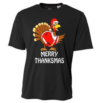 Funny Merry Thanksmas Turkey Happy Thanksgiving Christmas Cooling Performance Crew T-Shirt