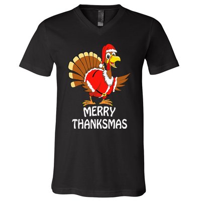 Funny Merry Thanksmas Turkey Happy Thanksgiving Christmas V-Neck T-Shirt