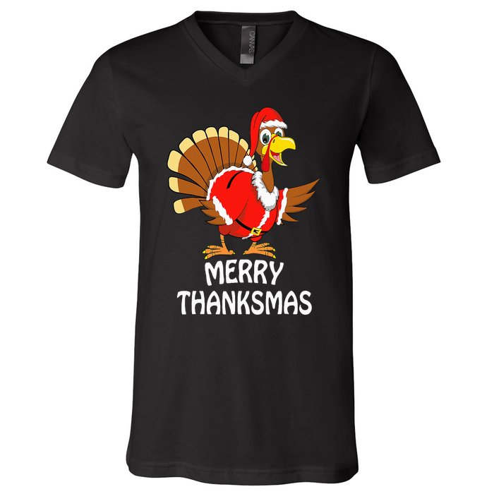 Funny Merry Thanksmas Turkey Happy Thanksgiving Christmas V-Neck T-Shirt