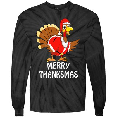 Funny Merry Thanksmas Turkey Happy Thanksgiving Christmas Tie-Dye Long Sleeve Shirt