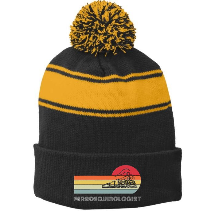 Ferroequinologist Model Train Enthusiast Railroading Railfan Stripe Pom Pom Beanie
