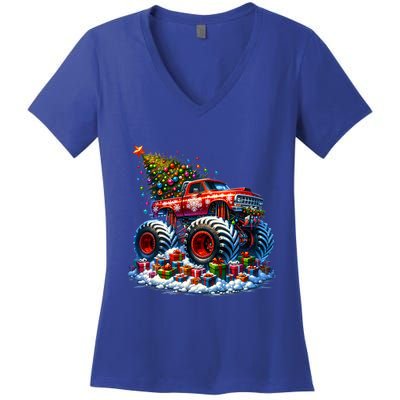 Funny Monster Truck Christmas Tree Snowflakes Cute Gift Women's V-Neck T-Shirt