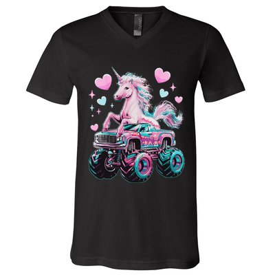 Funny Monster Truck Unicorn Girl Birthday Party Monster Truck Gift V-Neck T-Shirt