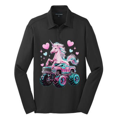 Funny Monster Truck Unicorn Girl Birthday Party Monster Truck Gift Silk Touch Performance Long Sleeve Polo