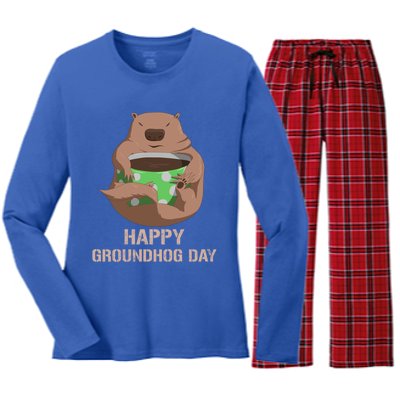 Funny Marmot Tee Vintage Coffee Lover Happy Groundhog Day Cool Gift Women's Long Sleeve Flannel Pajama Set 