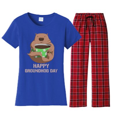 Funny Marmot Tee Vintage Coffee Lover Happy Groundhog Day Cool Gift Women's Flannel Pajama Set