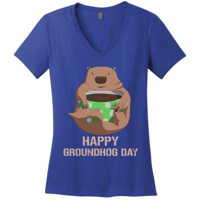 Funny Marmot Tee Vintage Coffee Lover Happy Groundhog Day Cool Gift Women's V-Neck T-Shirt