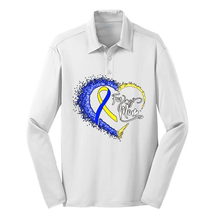 For My T21 Down Syndrome Mom Down Syndrome Awareness Heart Yellow Blue Silk Touch Performance Long Sleeve Polo