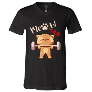 Funny Meow Thai Design For Thai Weightlifting Sport Lovers V-Neck T-Shirt