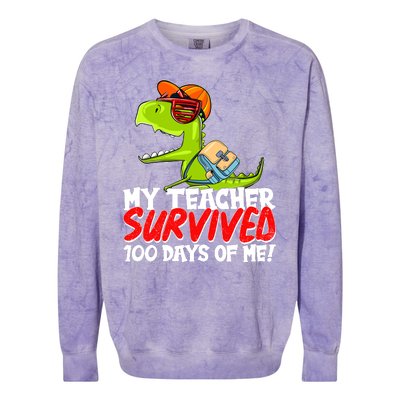 Funny My Teacher Survived 100 Days Of Me Trex Dinosaur Colorblast Crewneck Sweatshirt