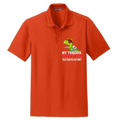 Funny My Teacher Survived 100 Days Of Me Trex Dinosaur Dry Zone Grid Polo