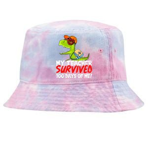 Funny My Teacher Survived 100 Days Of Me Trex Dinosaur Tie-Dyed Bucket Hat