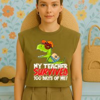 Funny My Teacher Survived 100 Days Of Me Trex Dinosaur Garment-Dyed Women's Muscle Tee