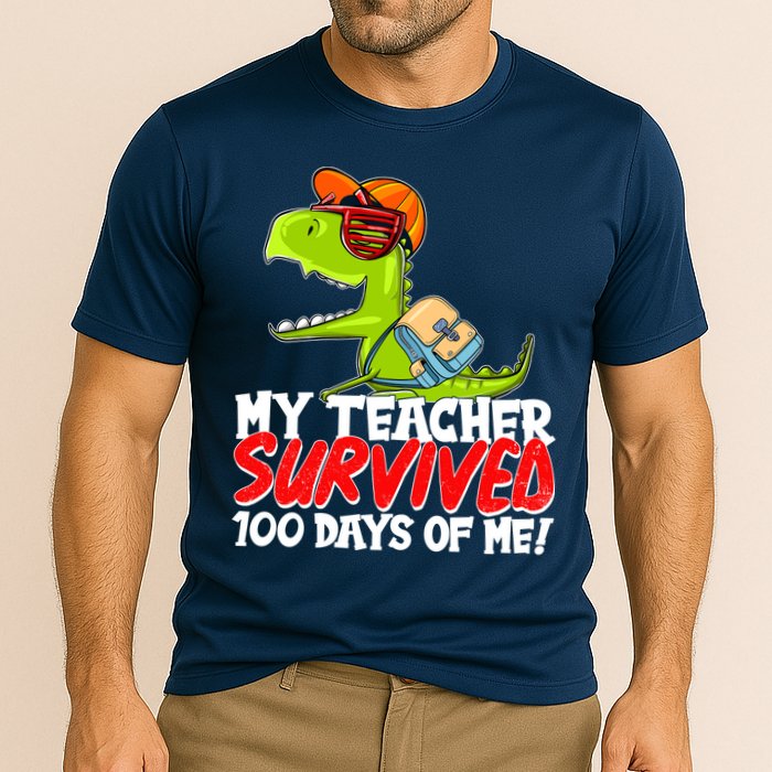 Funny My Teacher Survived 100 Days Of Me Trex Dinosaur Cooling Performance Crew T-Shirt