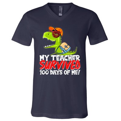 Funny My Teacher Survived 100 Days Of Me Trex Dinosaur V-Neck T-Shirt