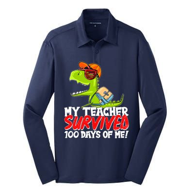 Funny My Teacher Survived 100 Days Of Me Trex Dinosaur Silk Touch Performance Long Sleeve Polo