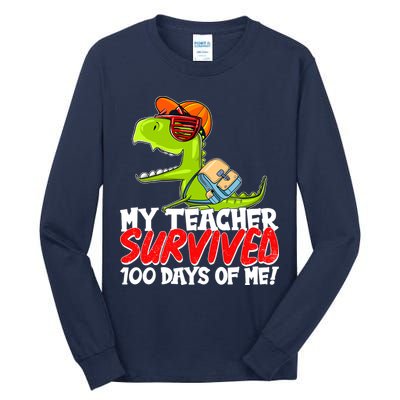 Funny My Teacher Survived 100 Days Of Me Trex Dinosaur Tall Long Sleeve T-Shirt