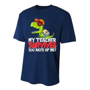 Funny My Teacher Survived 100 Days Of Me Trex Dinosaur Performance Sprint T-Shirt