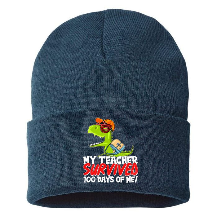 Funny My Teacher Survived 100 Days Of Me Trex Dinosaur Sustainable Knit Beanie