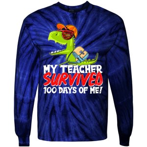 Funny My Teacher Survived 100 Days Of Me Trex Dinosaur Tie-Dye Long Sleeve Shirt