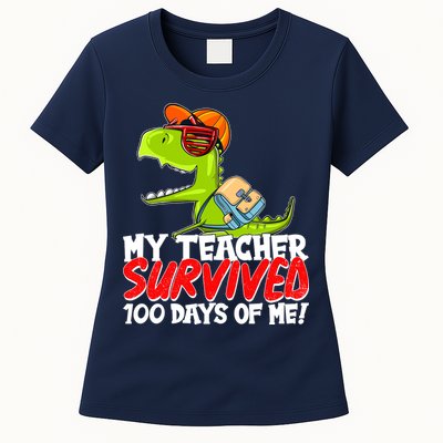 Funny My Teacher Survived 100 Days Of Me Trex Dinosaur Womens T-Shirt