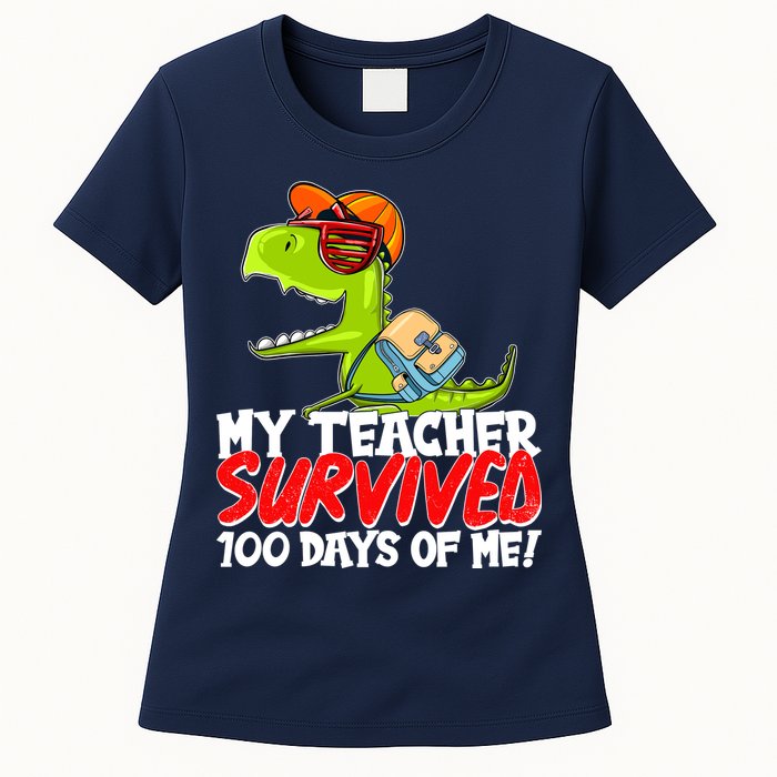 Funny My Teacher Survived 100 Days Of Me Trex Dinosaur Womens T-Shirt