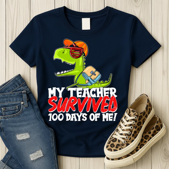 Funny My Teacher Survived 100 Days Of Me Trex Dinosaur Womens T-Shirt