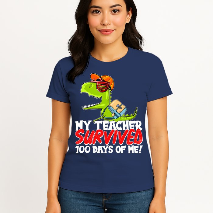 Funny My Teacher Survived 100 Days Of Me Trex Dinosaur Womens T-Shirt