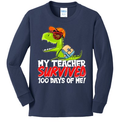 Funny My Teacher Survived 100 Days Of Me Trex Dinosaur Kids Long Sleeve Shirt