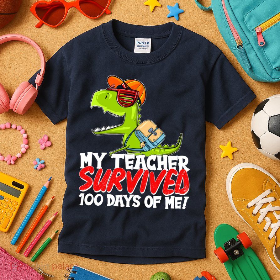 Funny My Teacher Survived 100 Days Of Me Trex Dinosaur Kids T-Shirt