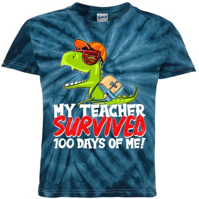 Funny My Teacher Survived 100 Days Of Me Trex Dinosaur Kids Tie-Dye T-Shirt