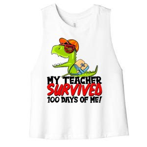 Funny My Teacher Survived 100 Days Of Me Trex Dinosaur Women's Racerback Cropped Tank