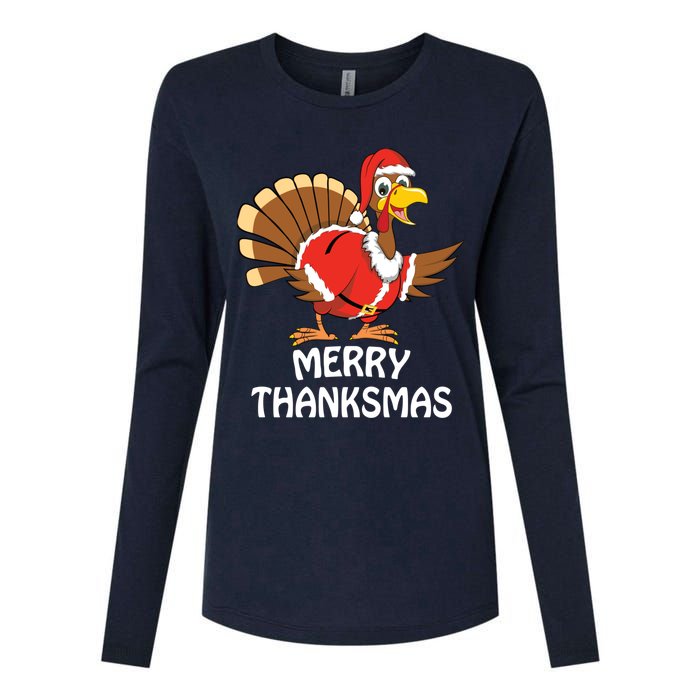 Funny Merry Thanksmas Happy Thanksgiving Merry Christmas Womens Cotton Relaxed Long Sleeve T-Shirt