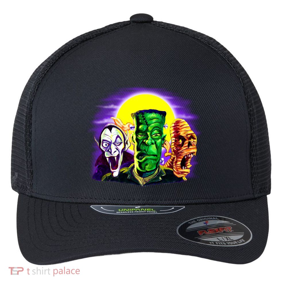 Frankenstein Mummy Three Monsters Flexfit Unipanel Trucker Cap