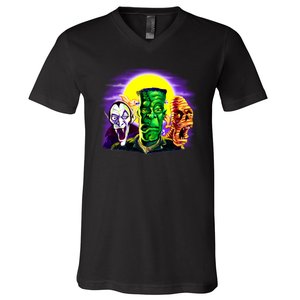 Frankenstein Mummy Three Monsters V-Neck T-Shirt