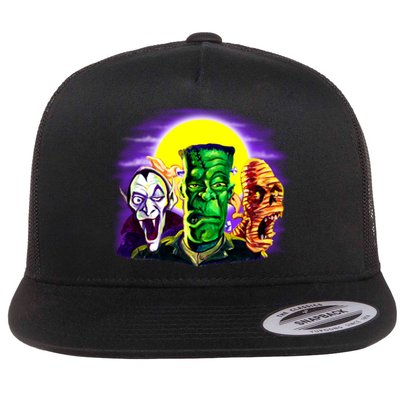 Frankenstein Mummy Three Monsters Flat Bill Trucker Hat