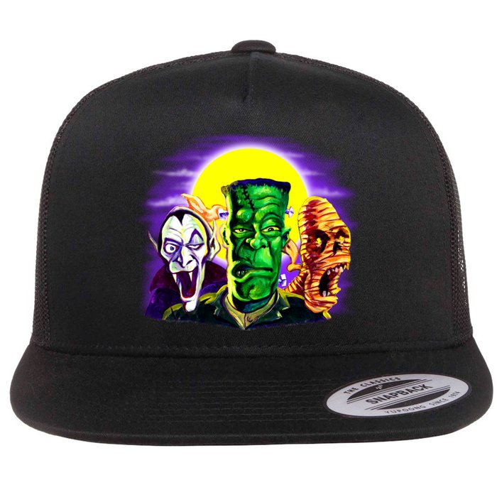 Frankenstein Mummy Three Monsters Flat Bill Trucker Hat