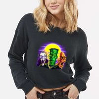 Frankenstein Mummy Three Monsters Cropped Pullover Crew