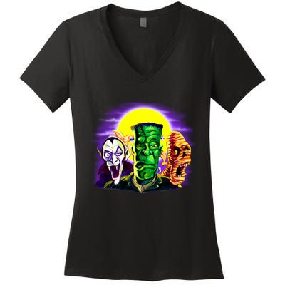 Frankenstein Mummy Three Monsters Women's V-Neck T-Shirt
