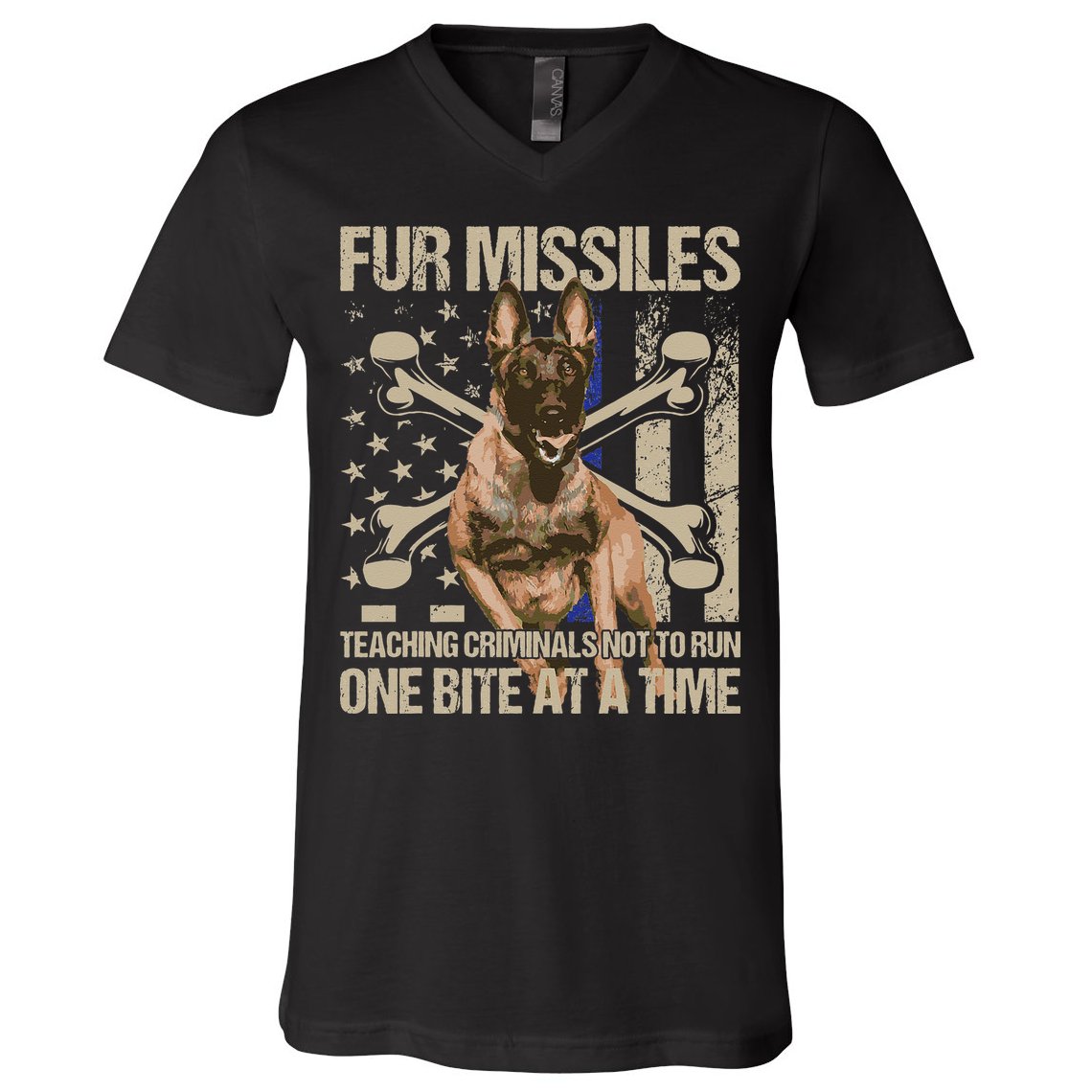 Fur Missiles Teaching Criminals Blue Line K9 Dog Unit Police V-Neck T-Shirt