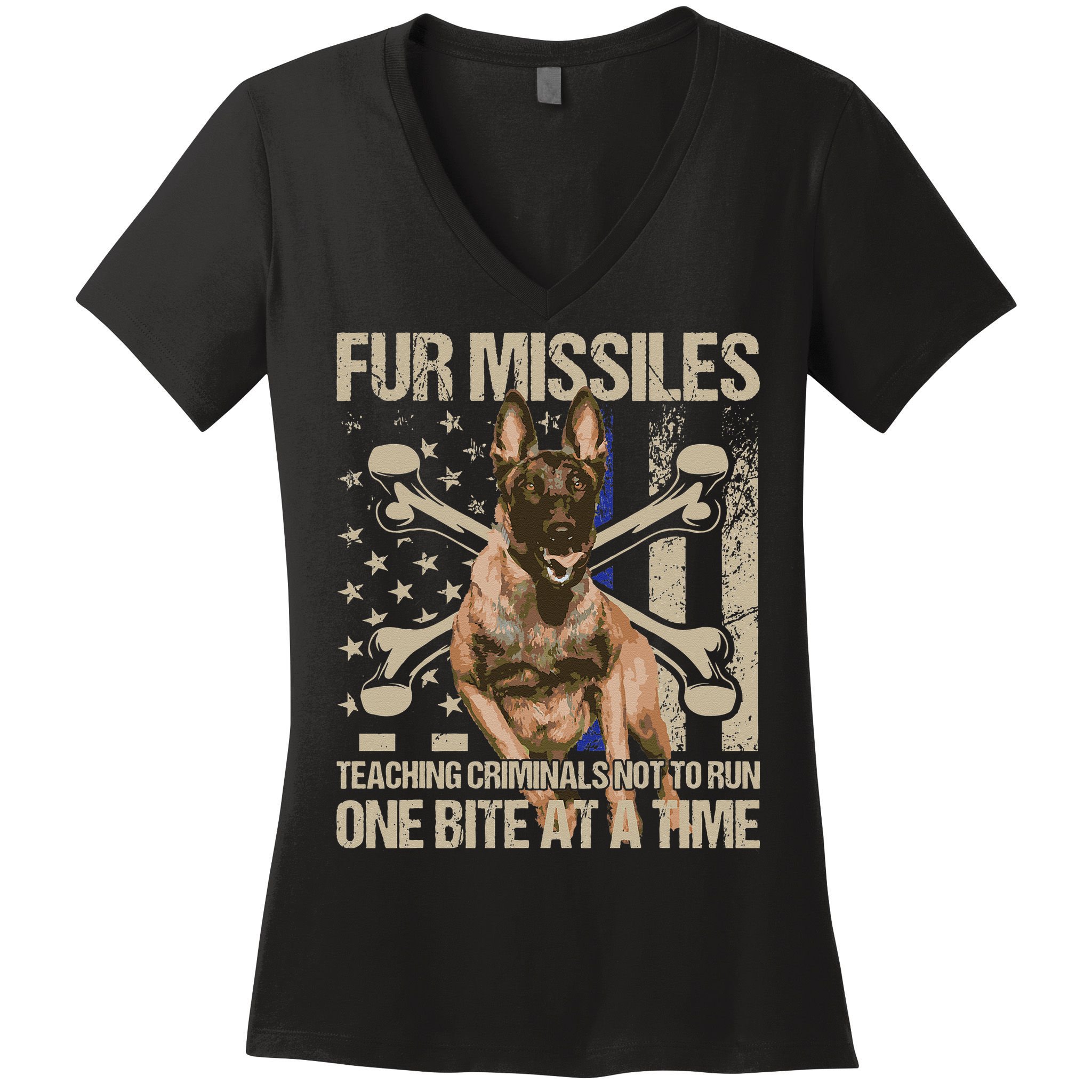Fur Missiles Teaching Criminals Blue Line K9 Dog Unit Police Women's V-Neck T-Shirt