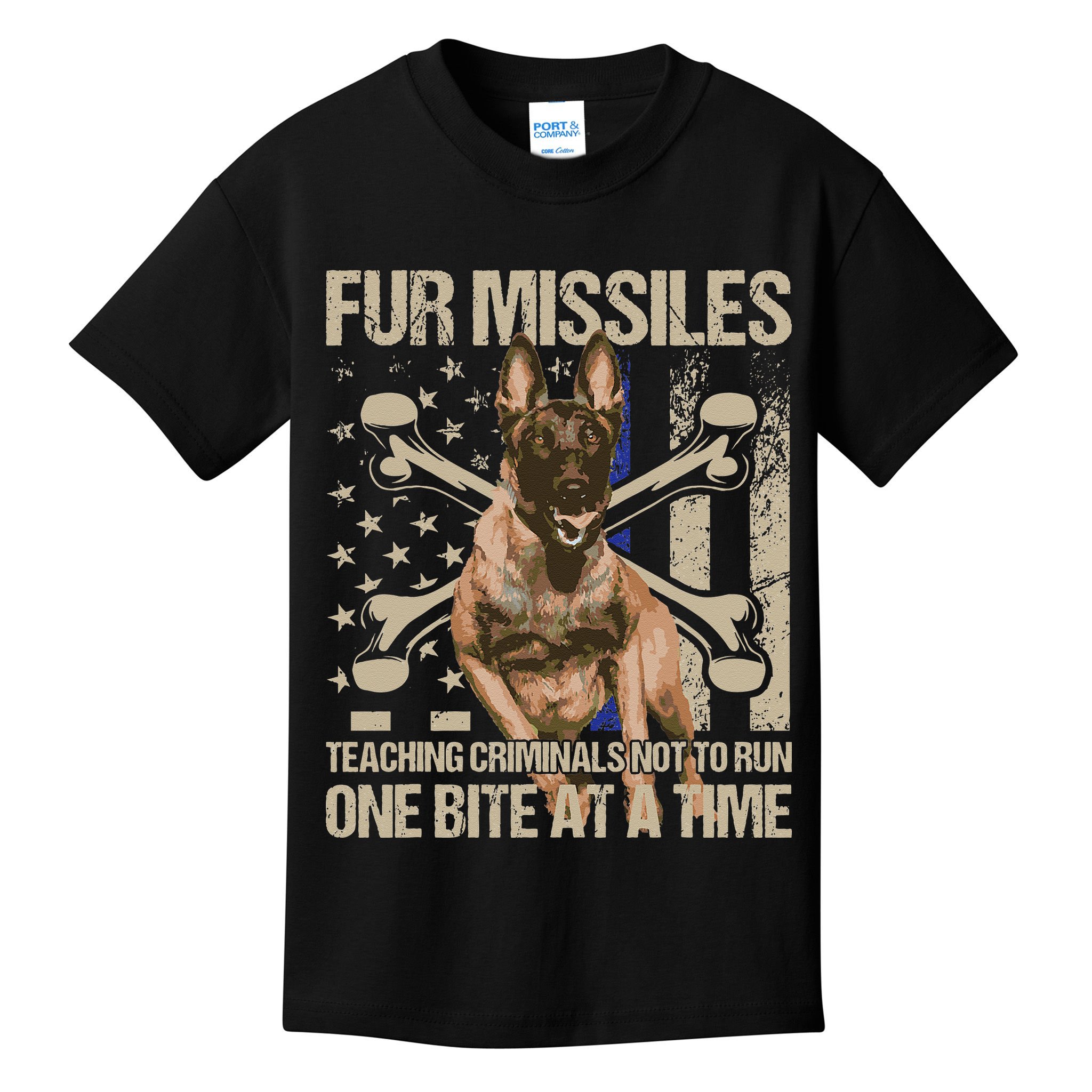 Fur Missiles Teaching Criminals Blue Line K9 Dog Unit Police Kids T-Shirt