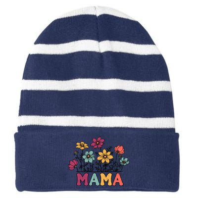 Floral Mama Typography Distressed Mama Flowers Mothers Day Striped Beanie with Solid Band