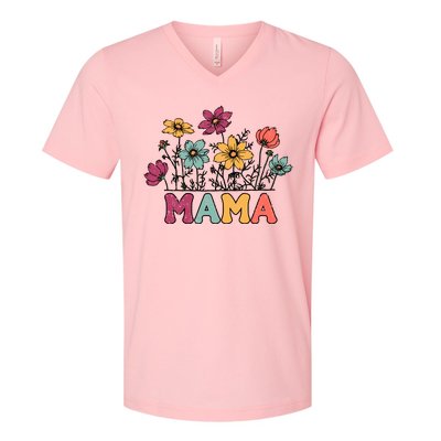 Floral Mama Typography Distressed Mama Flowers Mothers Day V-Neck T-Shirt