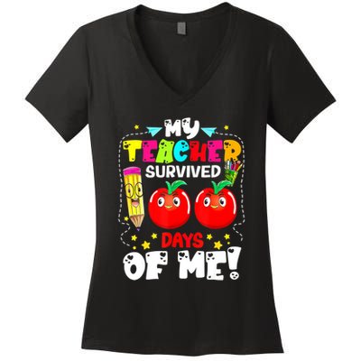 Funny My Teacher Survived 100 Days Of Me Teacher Students Women's V-Neck T-Shirt