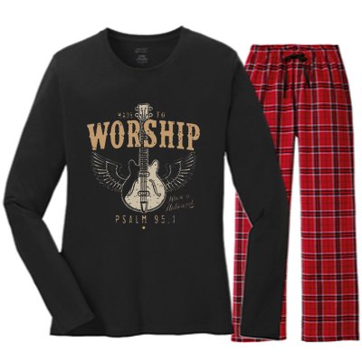 Funny Made To Worship Psalm 95 1 Guitar Women's Long Sleeve Flannel Pajama Set 