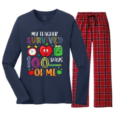 Funny My Teacher Survived 100 Days Of Me Women's Long Sleeve Flannel Pajama Set 