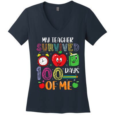 Funny My Teacher Survived 100 Days Of Me Women's V-Neck T-Shirt