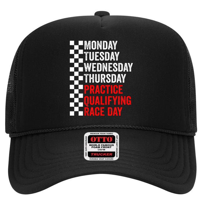 Funny Monday Tuesday Thursday Practice Qualifying Race Day High Crown Mesh Back Trucker Hat